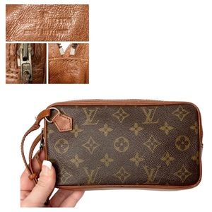 Authentic Vintage Louis Vuitton Monogram Tan Leather Sport Wristlet Clutch Bag